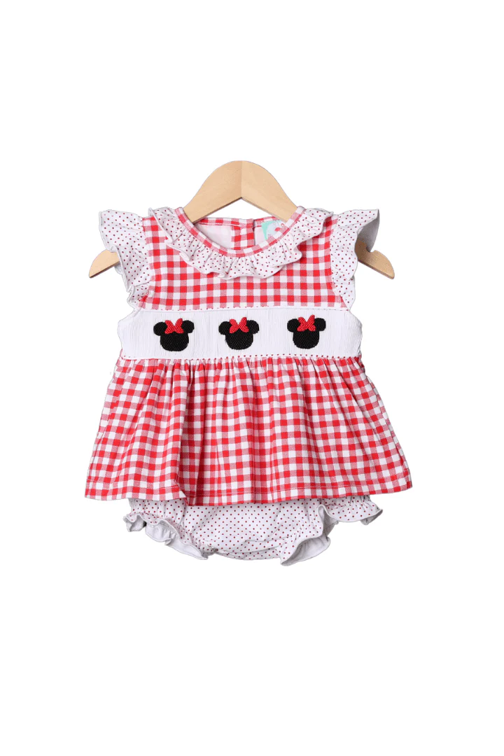 Hand Smocked Bitty Dot and Red Gingham Mouse Bloomer Set