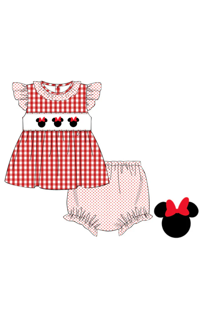 Hand Smocked Bitty Dot and Red Gingham Mouse Bloomer Set - Image 2
