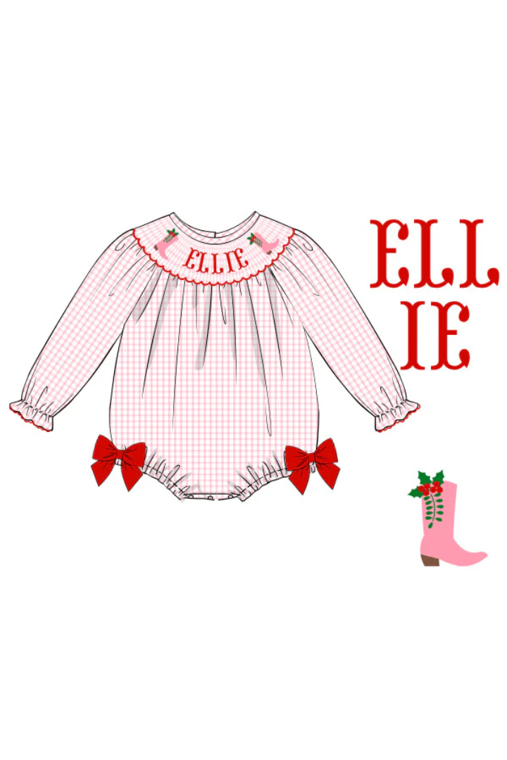 Pre-Order Hand Smocked Custom Name Christmas Cowboy Boots Bubble