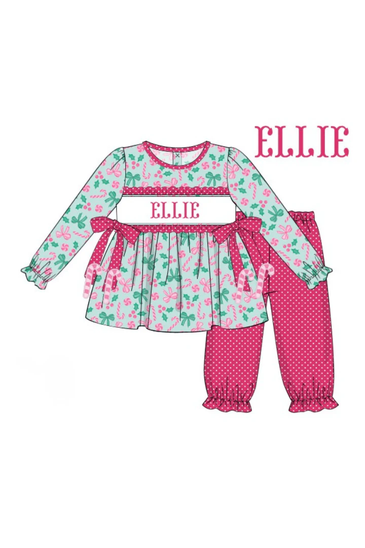 Pre-Order Hand Smocked Custom Name Candy Cane Lane Pant Set