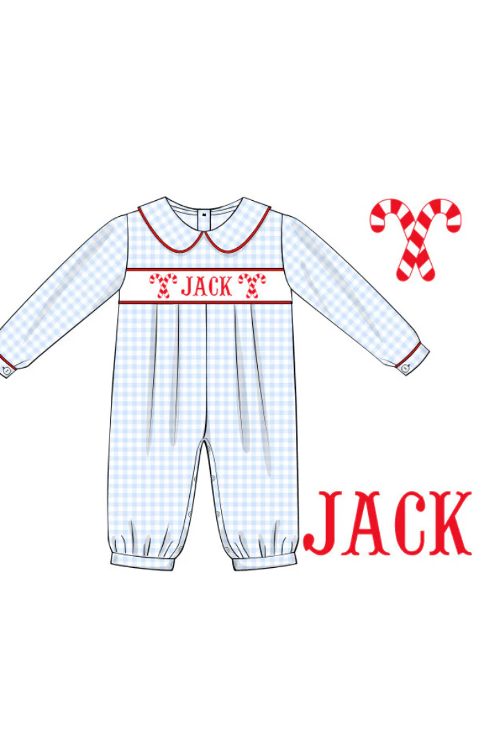Pre-Order Hand Smocked Custom Name Candy Cane Romper