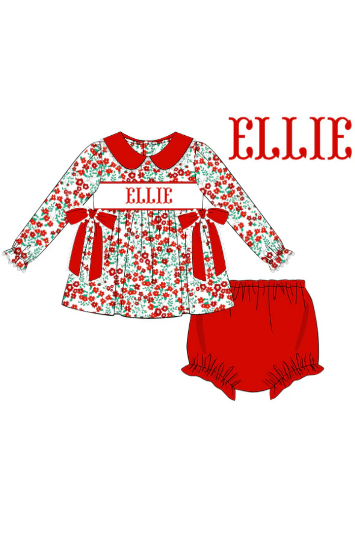 Pre-Order Hand Smocked Custom Name Christmas Floral Bloomer Set