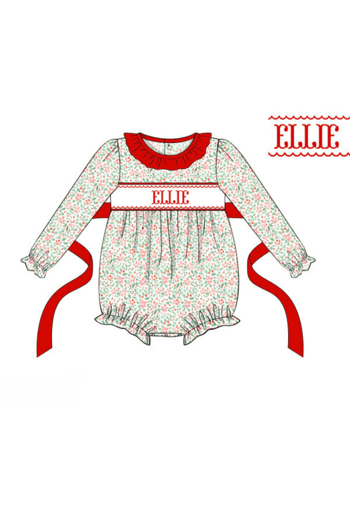Pre-Order Hand Smocked Custom Name Christmas Floral Bubble