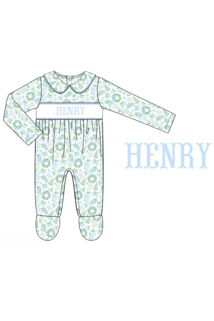 Pre-Order Hand Smocked Custom Name Deck the Halls Blue Footed Romper