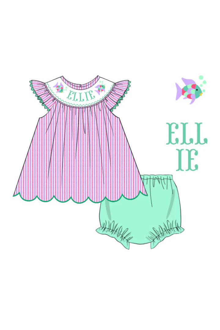 Pre-Order Hand Smocked Custom Name Fish Bloomer Set
