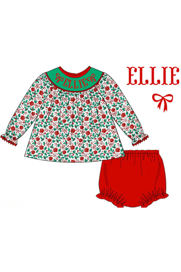 Pre-Order Hand Smocked Custom Name Floral Holly Bishop Bloomer Set