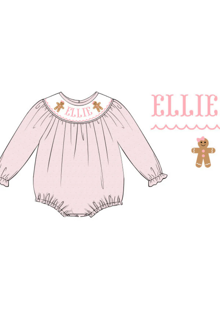 Pre-Order Hand Smocked Custom Name Gingerbread Pink Swiss Dot Bubble