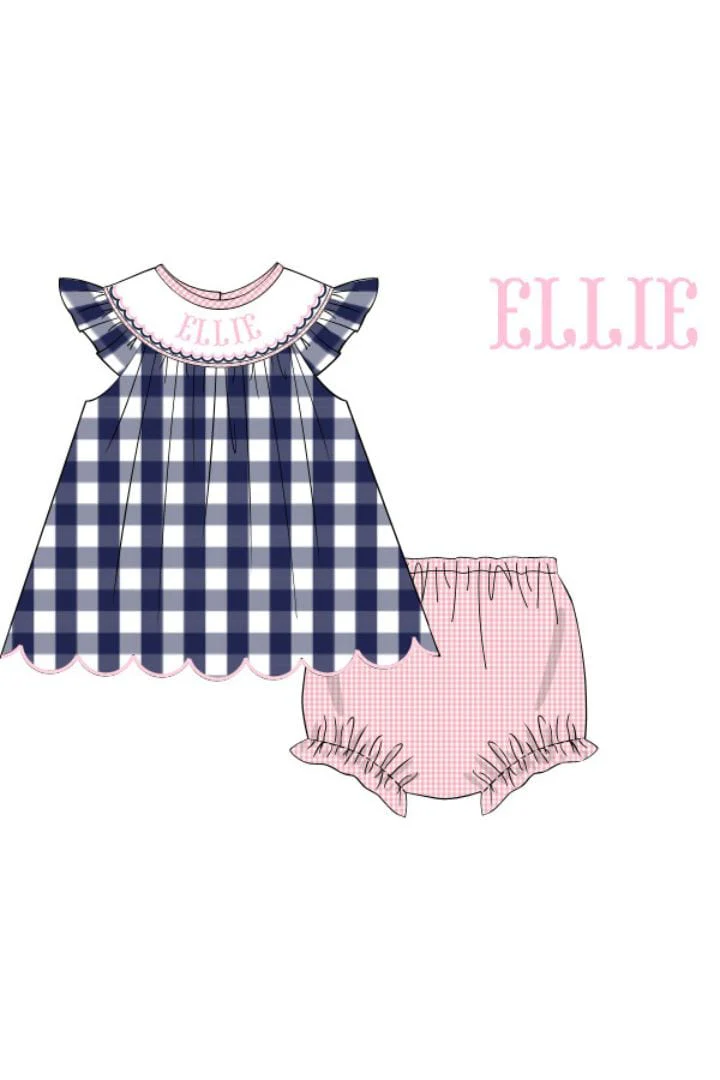 Pre-Order Hand Smocked Custom Name Navy Gingham Bloomer Set