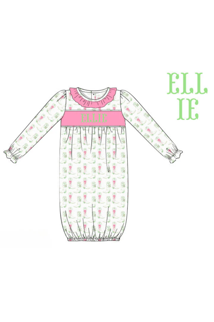 Pre-Order Hand Smocked Custom Name Holiday Boots Baby Gown