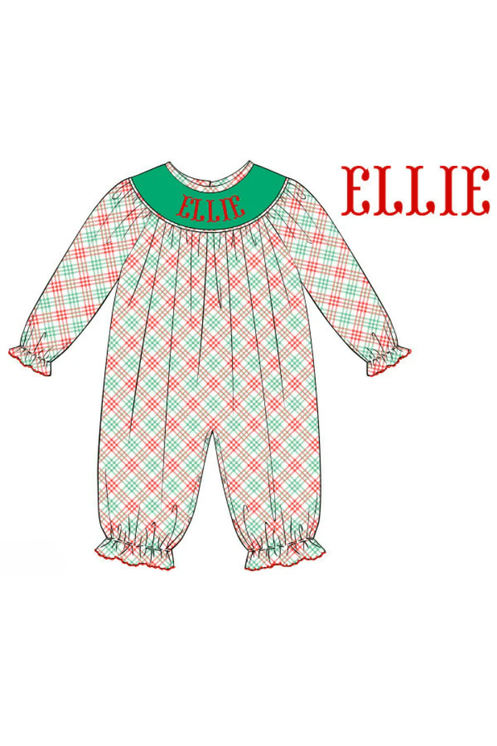 Pre-Order Hand Smocked Custom Name Holiday Plaid Bishop Romper