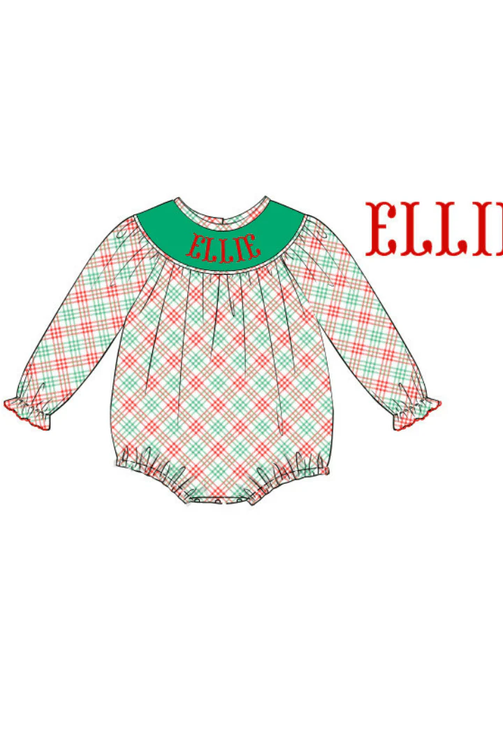 Pre-Order Hand Smocked Custom Name Holiday Plaid Bubble
