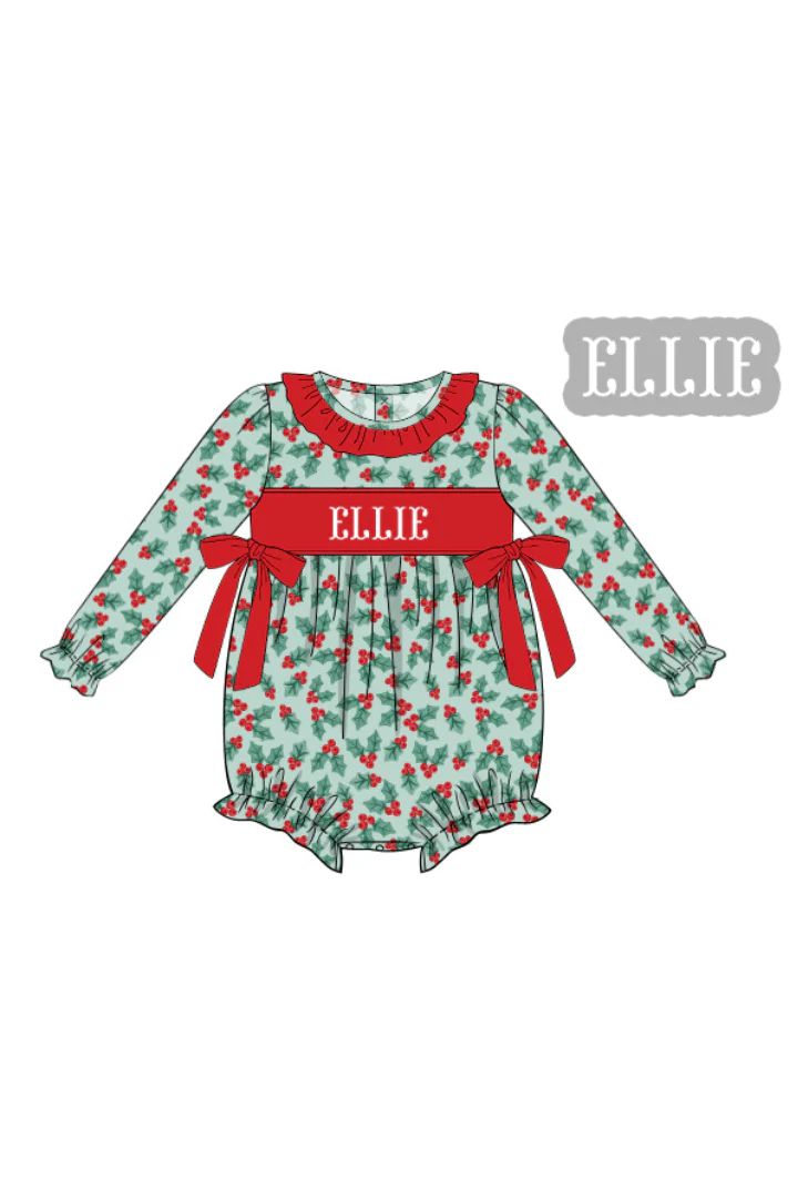 Pre-Order Hand Smocked Custom Name Holly Bow Corduroy Bubble