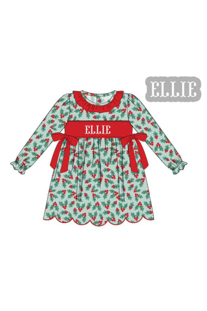 Pre-Order Hand Smocked Custom Name Holly Bow Honeycomb Dress
