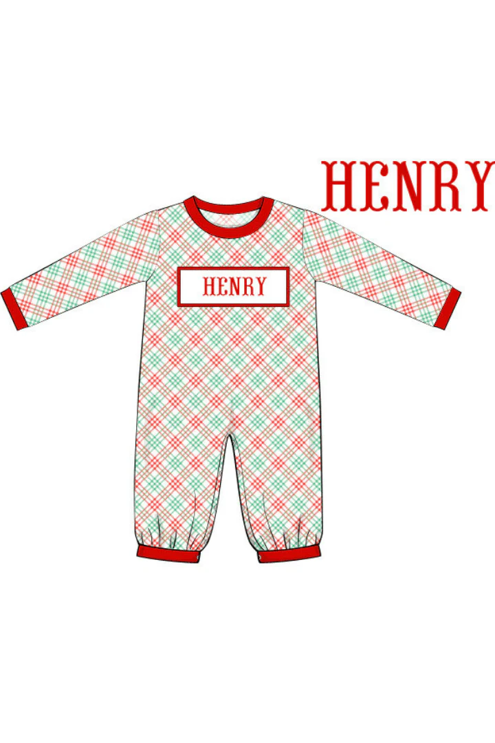 Pre-Order Hand Smocked Custom Name Holiday Plaid Romper
