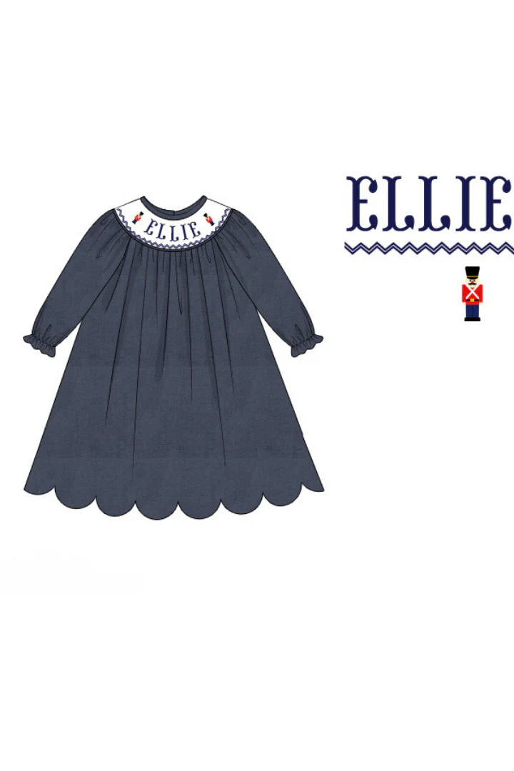 Pre-Order Hand Smocked Custom Name Navy Corduroy Nutcracker Dress
