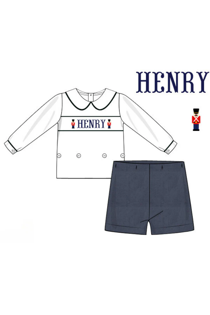 Pre-Order Hand Smocked Custom Name Navy Corduroy Nutcracker Short Set