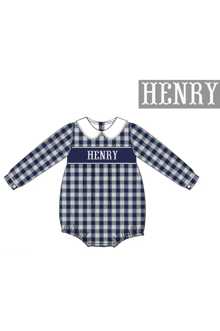 Pre-Order Hand Smocked Custom Name Navy Linen Gingham Bubble