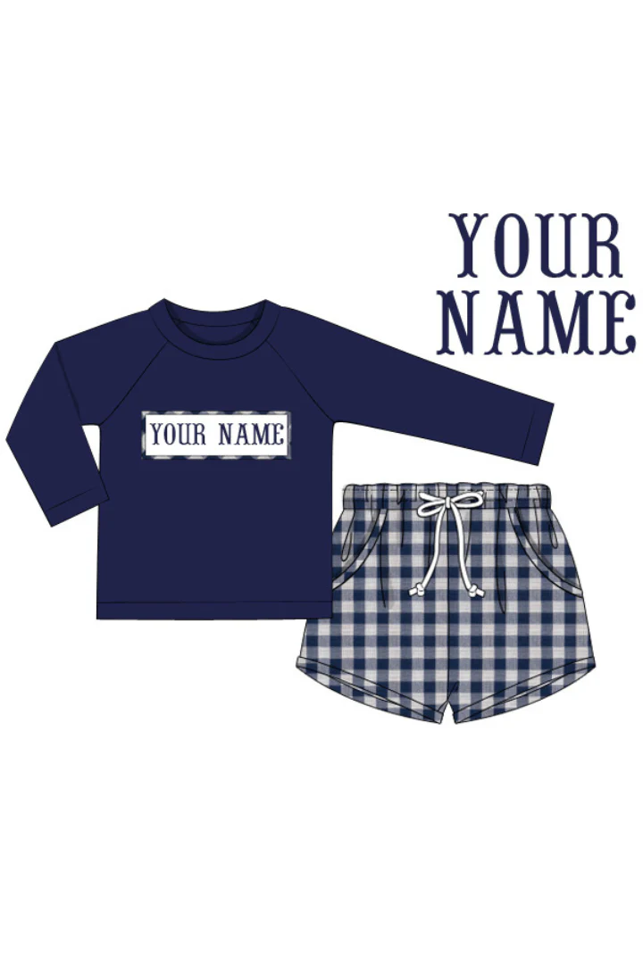 Pre-Order Hand Smocked Custom Name Navy Linen Gingham Short Set