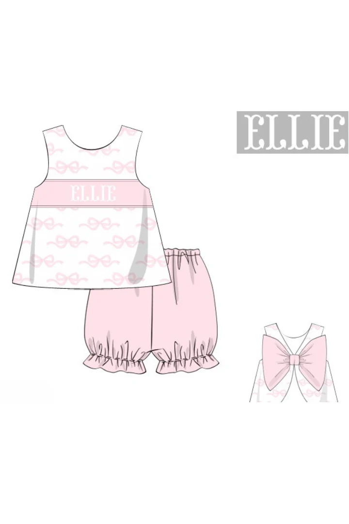 Pre-Order Hand Smocked Custom Name Pink Bow Knit Bloomer Set
