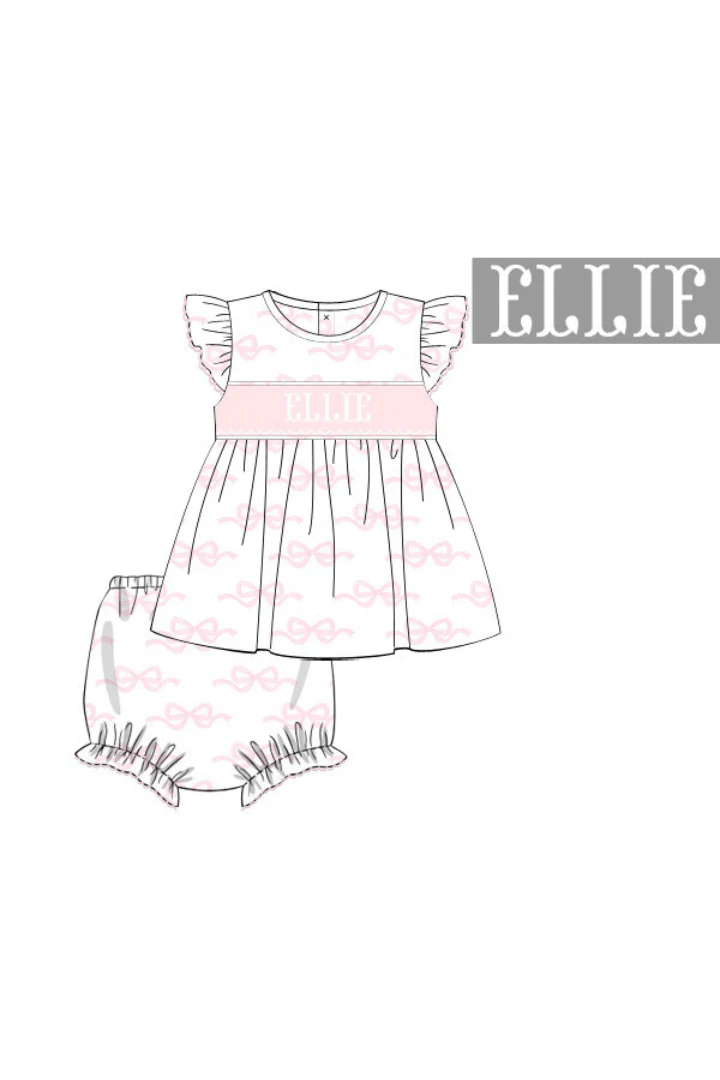 Pre-Order Hand Smocked Custom Name Pink Bow Knit Bloomer Set