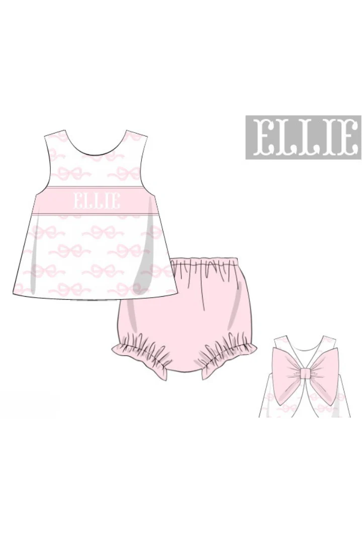 Pre-Order Hand Smocked Custom Name Pink Bow Knit Diaper Set