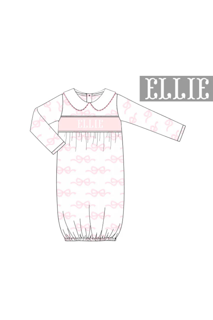 Pre-Order Hand Smocked Custom Name Pink Bow Knit Gown