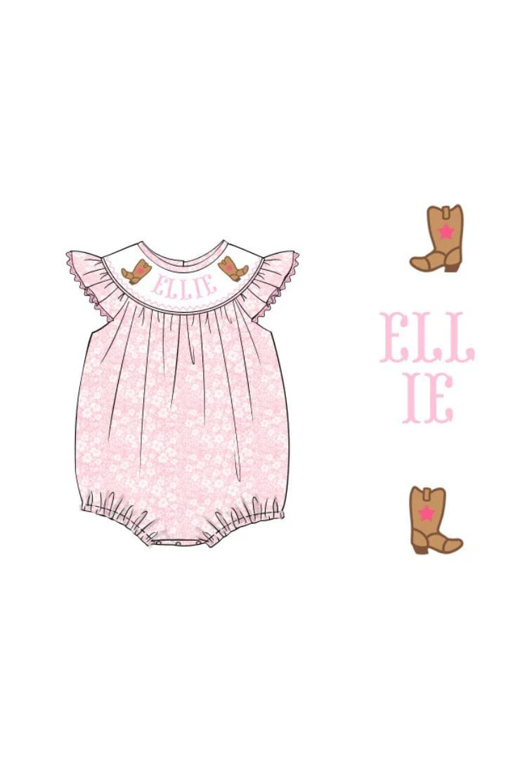 Pre-Order Hand Smocked Custom Name Pink Floral Cowgirl Bubble