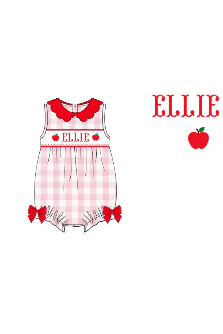 Pre-Order Hand Smocked Custom Name Pink Gingham Apple Bubble