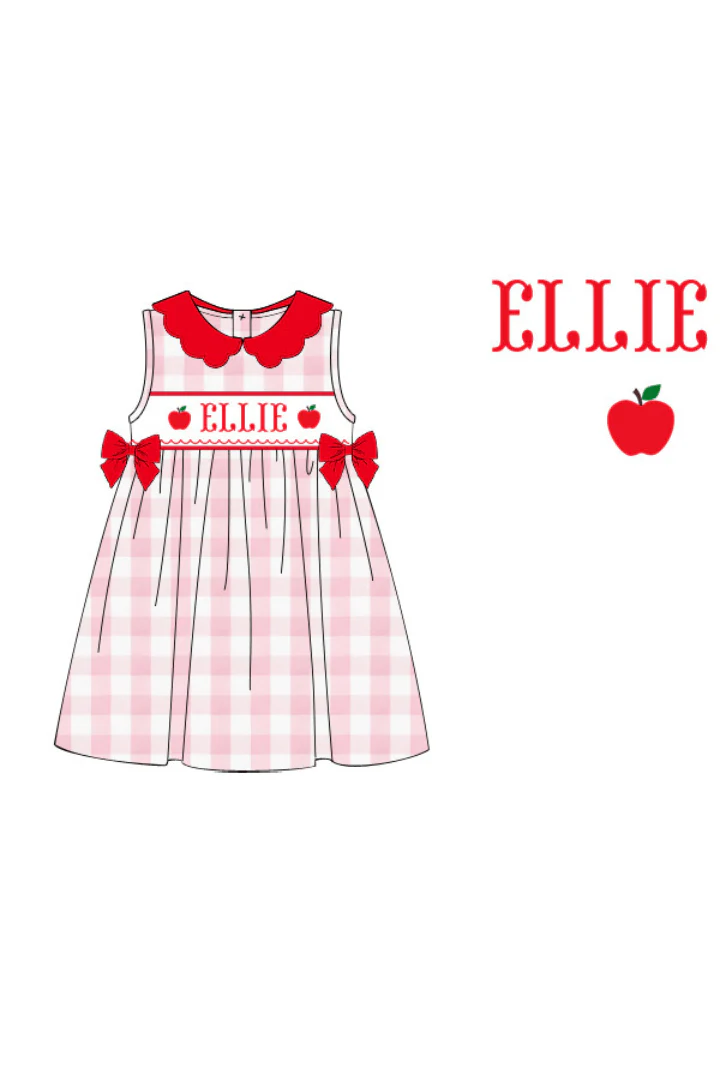 Pre-Order Hand Smocked Custom Name Pink Gingham Apple Dress