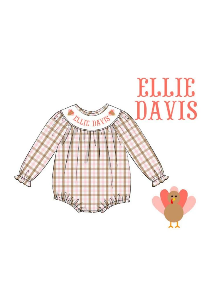 Pre-Order Hand Smocked Custom Name Pink Plaid Turkey Bubble