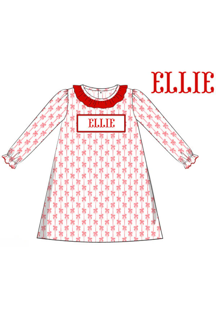 Pre-Order Hand Smocked Custom Name Red Bow Dress
