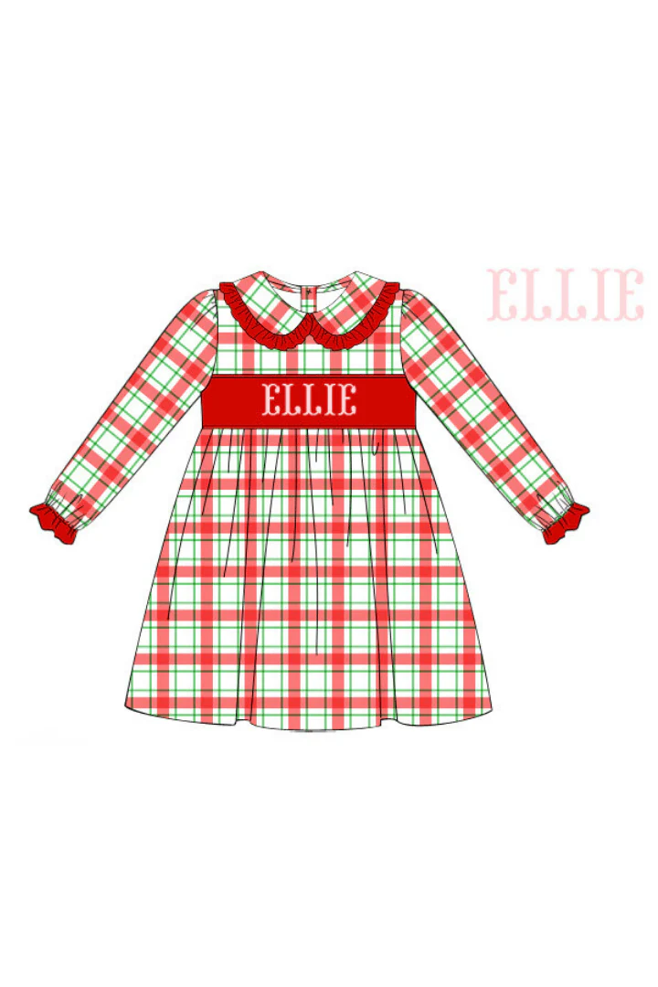 Pre-Order Hand Smocked Custom Name Red/Green Plaid Dress