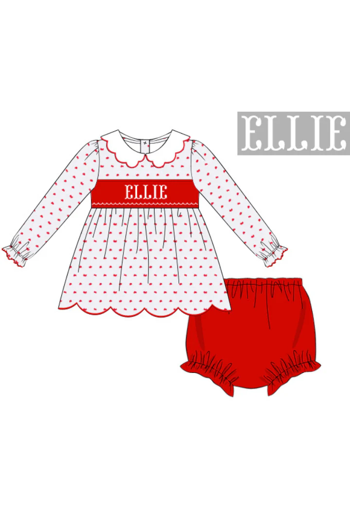 Pre-Order Hand Smocked Custom Name Red/White Swiss Dot Girls Bloomer Set
