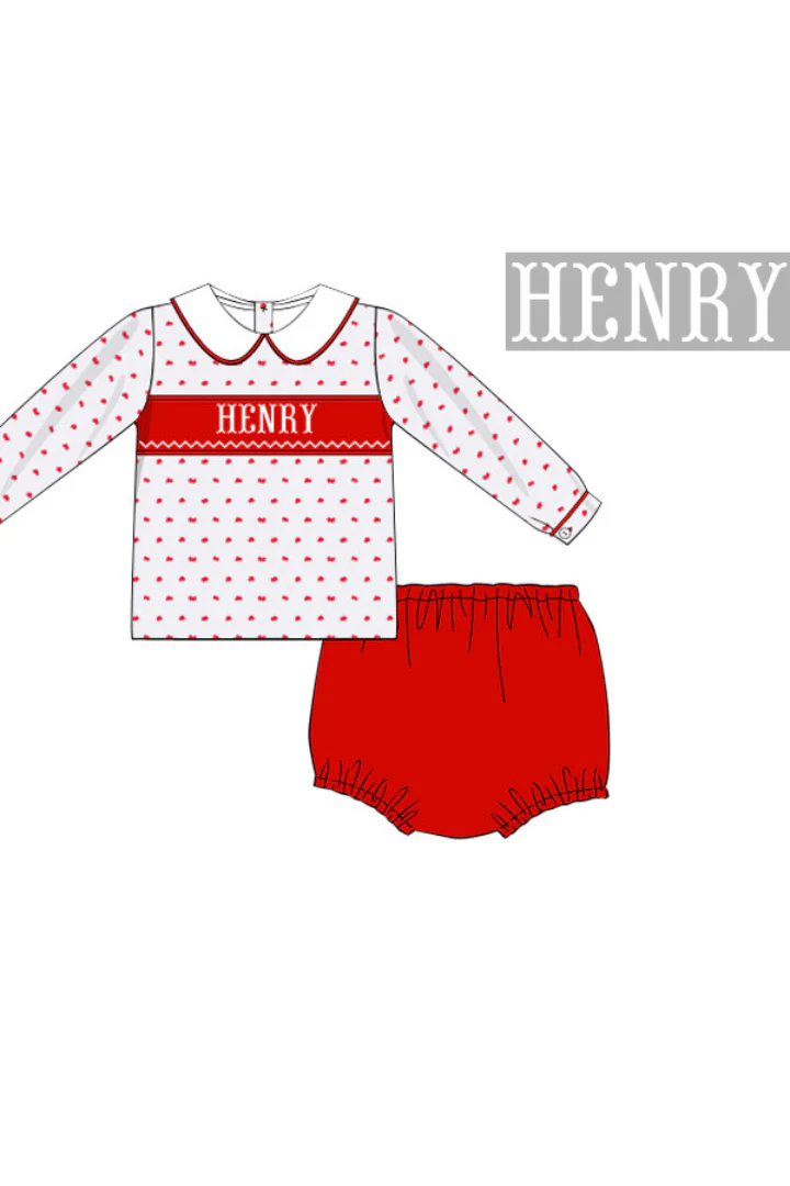 Pre-Order Hand Smocked Custom Name Red/White Swiss Dot Boys Diaper Set