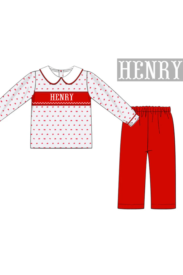 Pre-Order Hand Smocked Custom Name Red/White Swiss Dot Boys Pant Set
