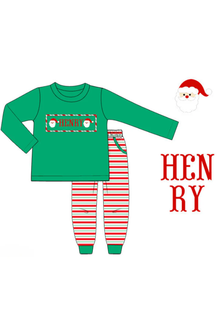 Pre-Order Hand Smocked Custom Name Santa Stripe Jogger Set