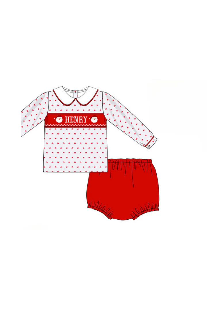 Pre-Order Hand Smocked Custom Name Santa Swiss Diaper Set