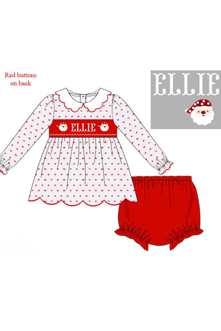Pre-Order Hand Smocked Custom Name Santa Swiss Bloomer Set