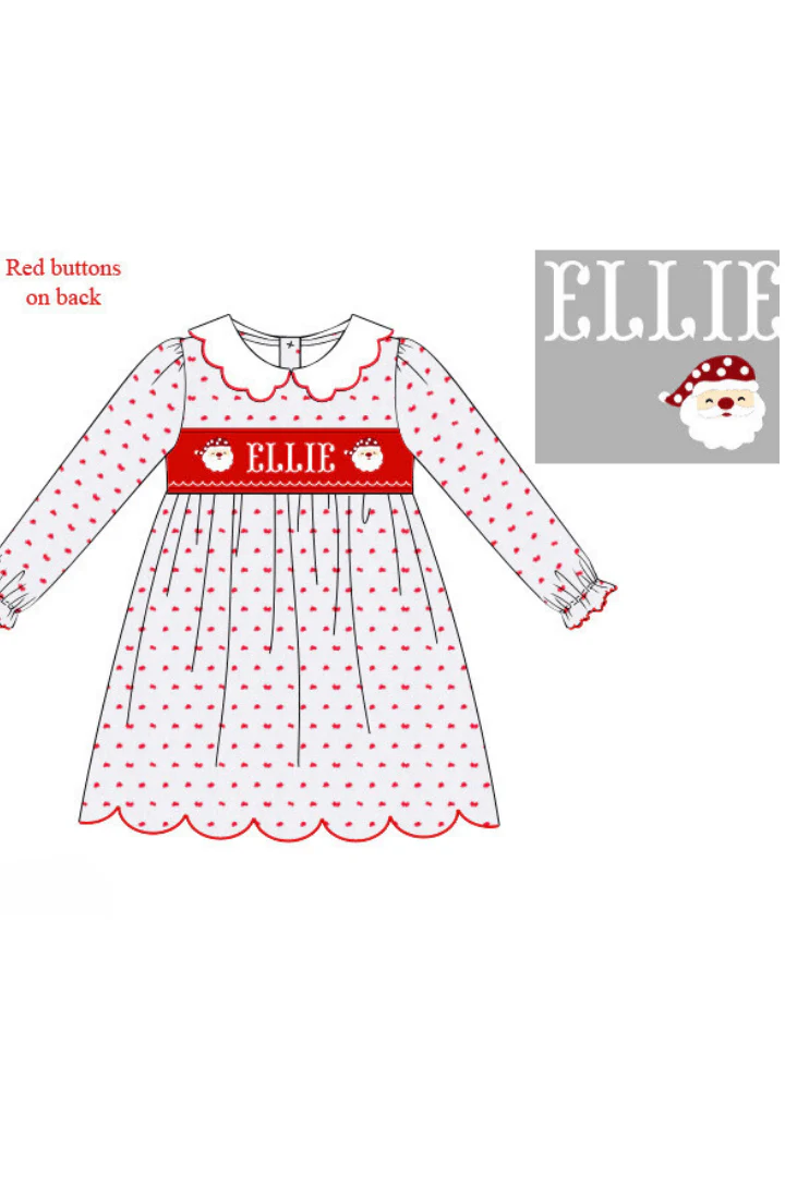 Pre-Order Hand Smocked Custom Name Santa Swiss Dot Dress