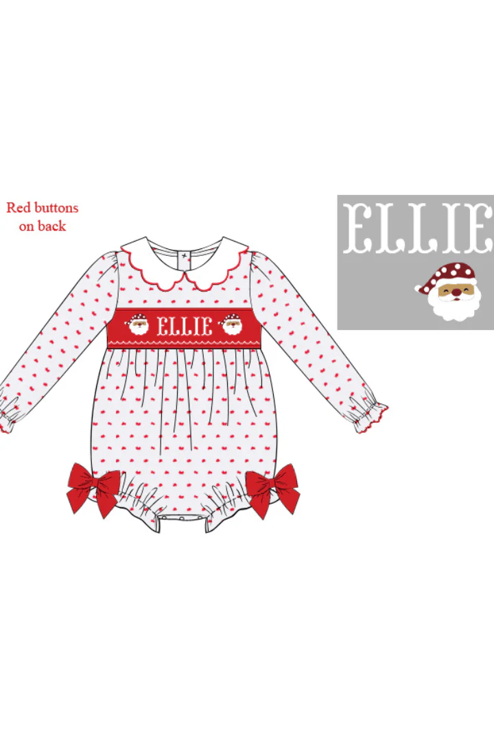 Pre-Order Hand Smocked Custom Name Swiss Dot Santa Bubble
