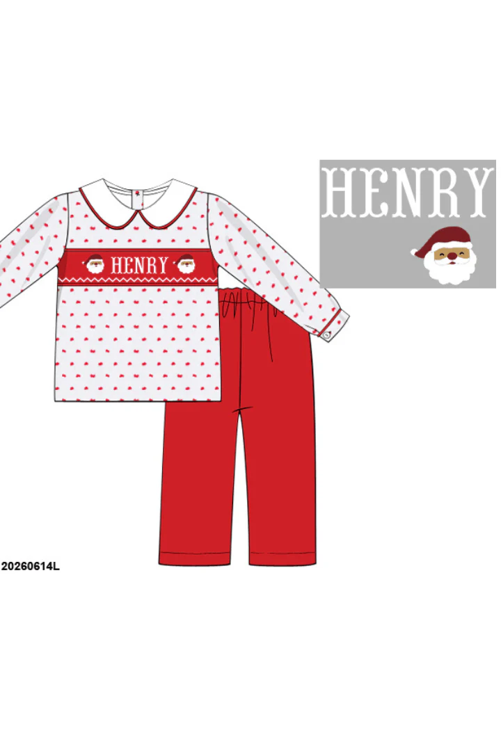 Pre-Order Hand Smocked Custom Name Swiss Dot Santa Pant Set