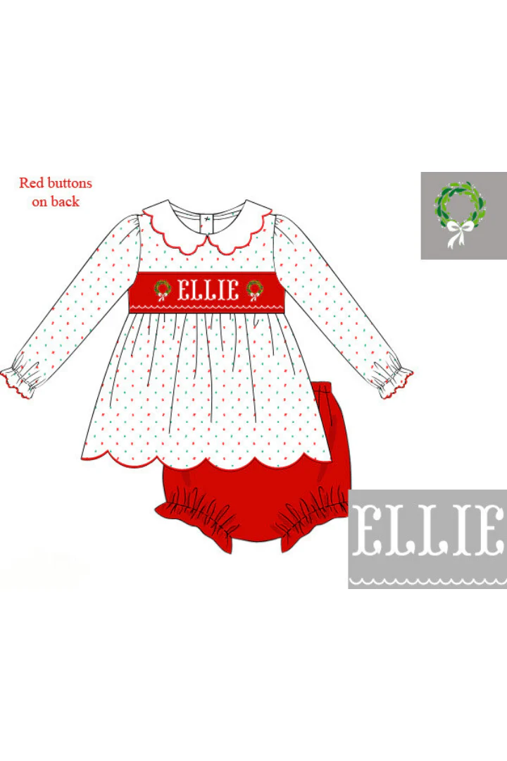 Pre-Order Hand Smocked Custom Name Swiss Dot Wreath Bloomer Set