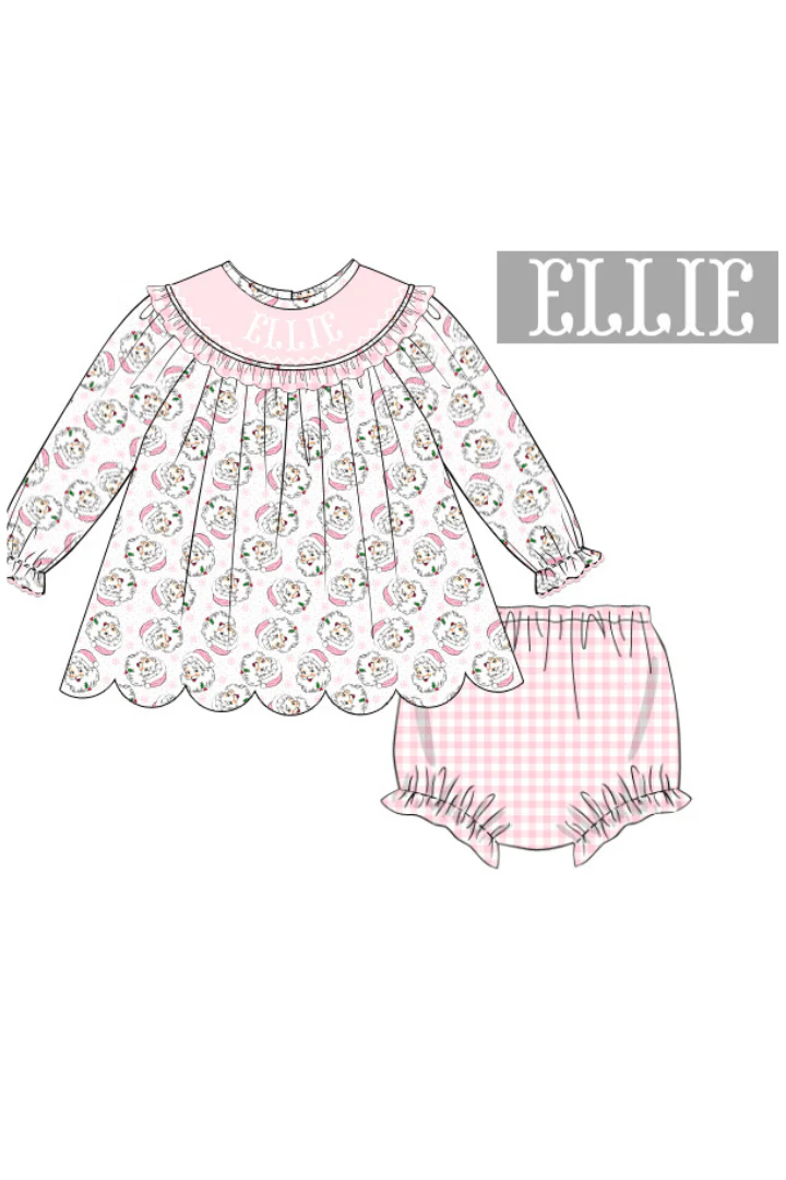 Pre-Order Hand Smocked Custom Name Vintage Santa Bloomer Set