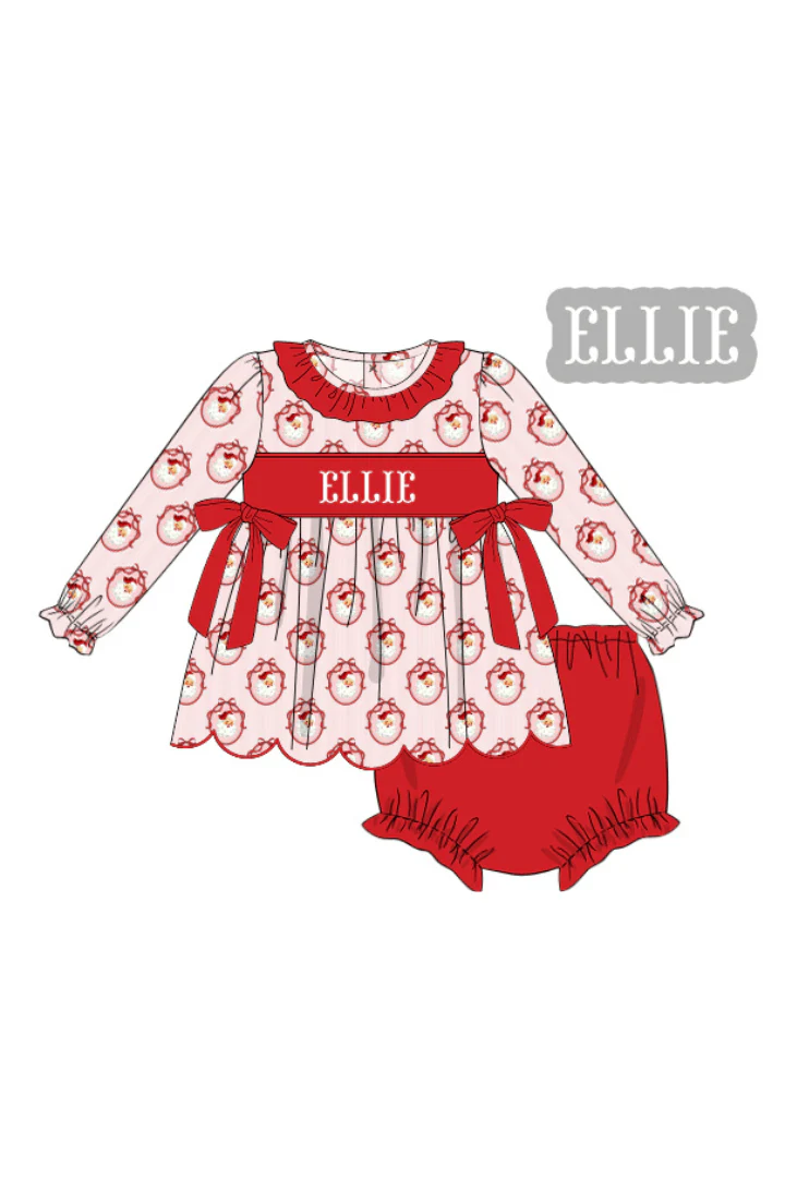 Pre-Order Hand Smocked Custom Name Vintage Santa Ruffle Bloomer Set