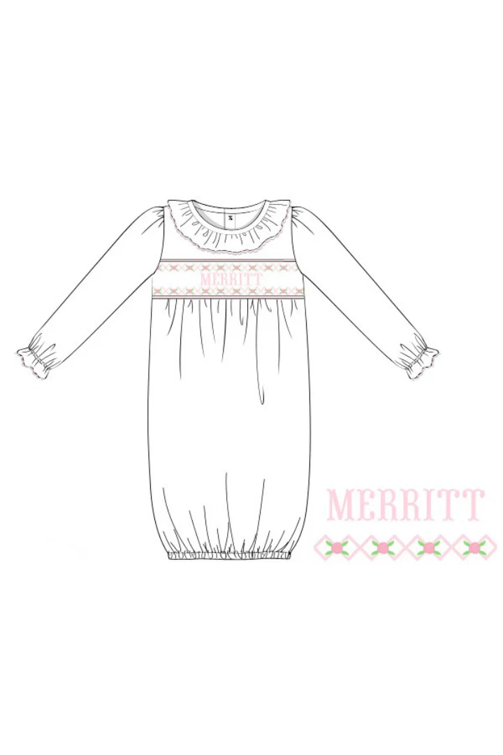 Pre-Order Hand Smocked Custom Name White/Pink Flower Knit Gown