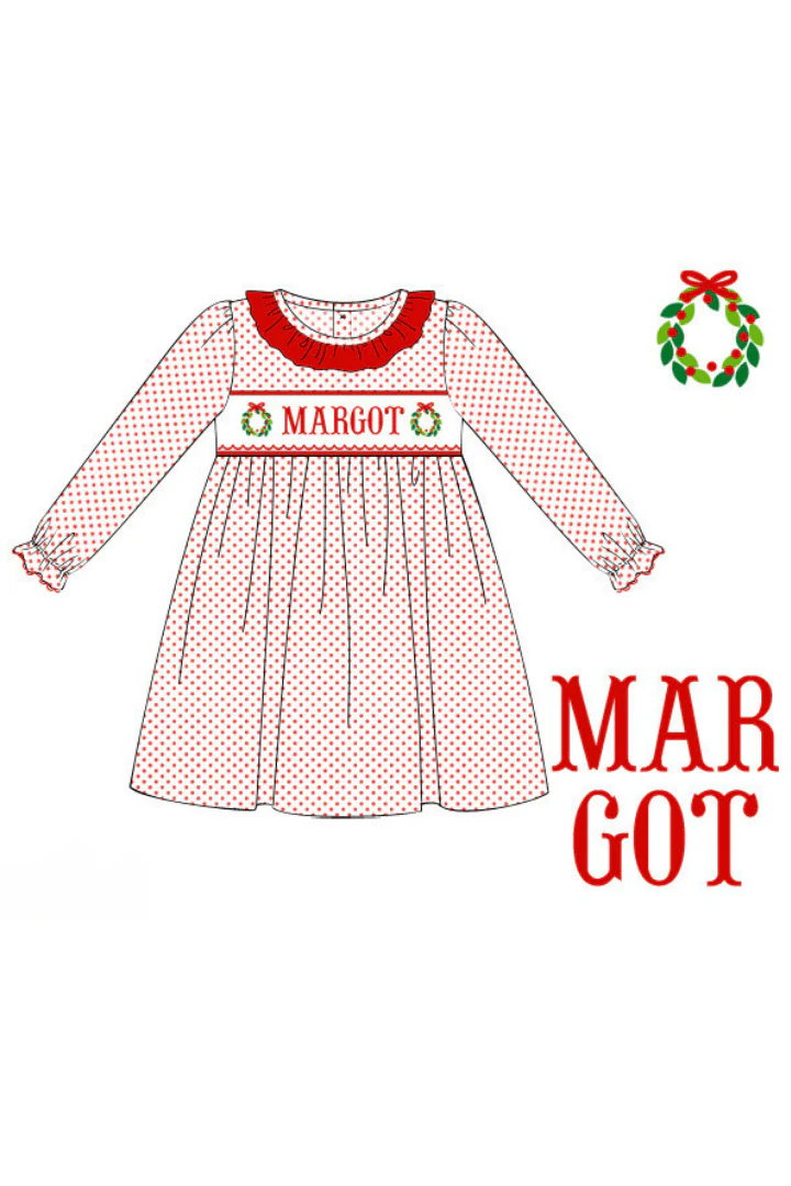 Pre-Order Hand Smocked Custom Name Wreath Knit Dress