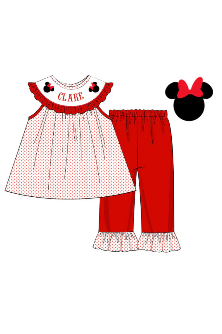 Pre-Order Hand Smocked Custom Name Mouse Red Bitty Dot Bishop Pants Set