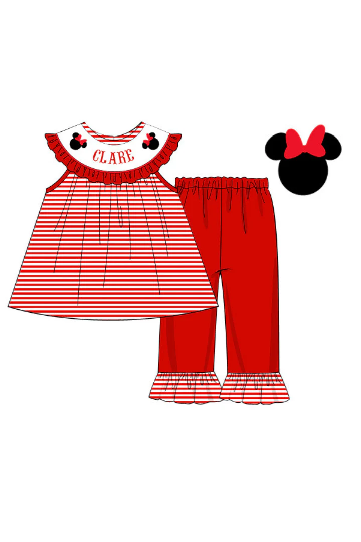 Pre-Order Hand Smocked Custom Name Mouse Red Stripe Pants Set
