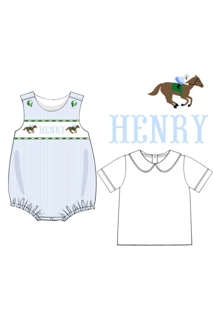 Pre-Order Custom Name Smocked Off to The Races Blue Gingham Name Bubble