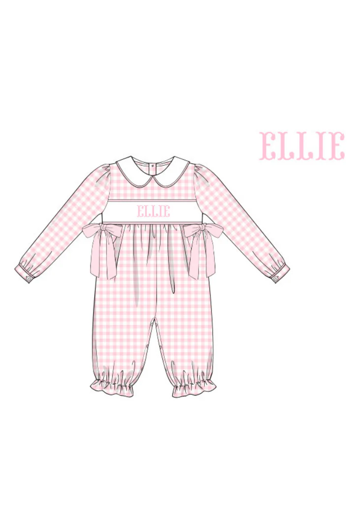Pre-Order Hand Smocked Pink Gingham Bow Custom Name Romper